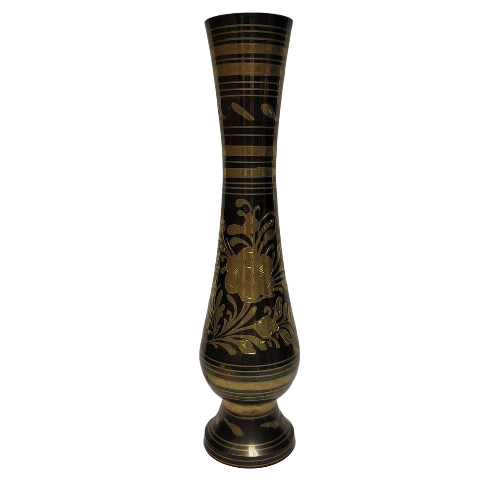Vintage Indian Brass Metal Fluted Footed Vase Black Patina Etched Floral Pattern
